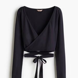 Black Wrap-Front Long Sleeve Crop Top with Tie